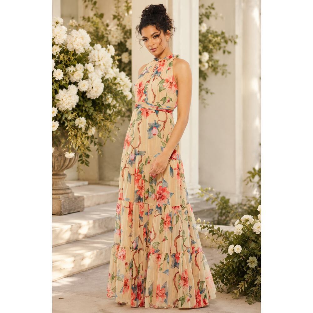 New with Tags Ieena Mac Duggal 70203 Floral High Neck Pleated Maxi Dress Size 2